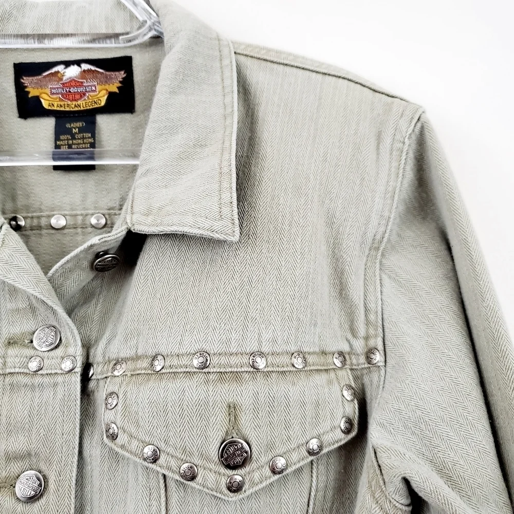 Harley Davidson | Taupe Studded Denim Crop Jacket - Picture 2 of 8